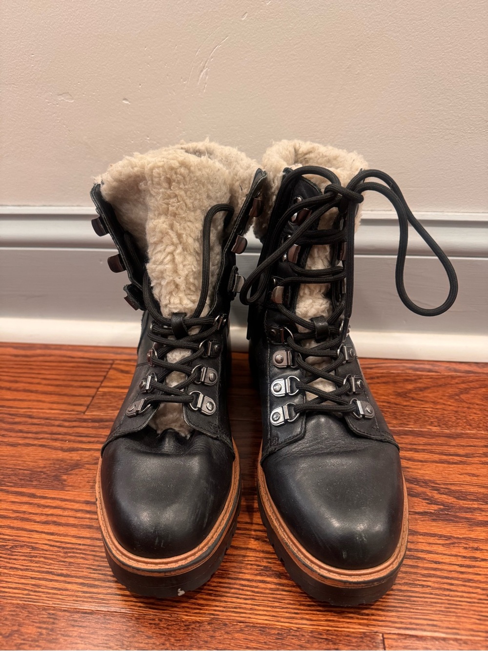 Marc Fisher Black Lace-Up Shearling-Trim Combat Boots